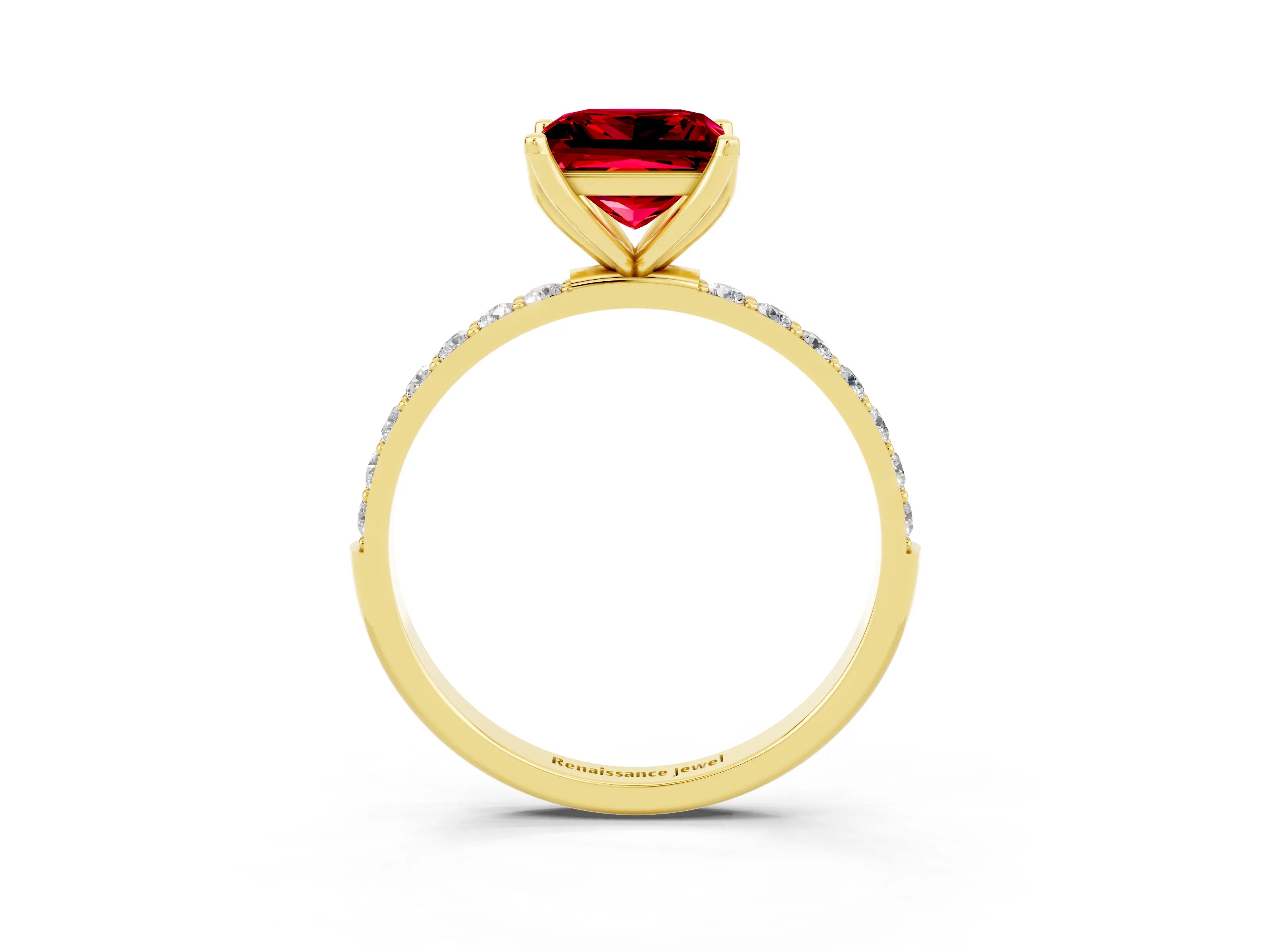 Yellow gold Princess Cut Ruby Solitaire Engagement Ring with Pavé Band and Prong Setting_3