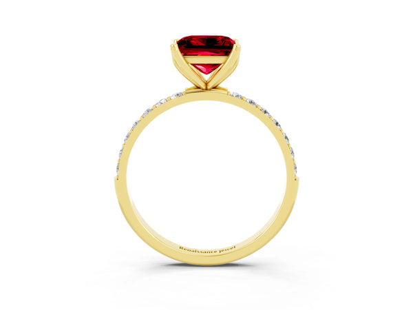 Yellow gold Princess Cut Ruby Solitaire Engagement Ring with Round  Pavé Band and Prong Setting