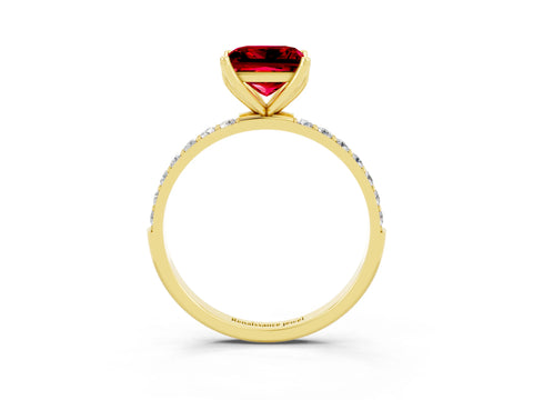 Yellow gold Princess Cut Ruby Solitaire Engagement Ring with Pavé Band and Prong Setting_3