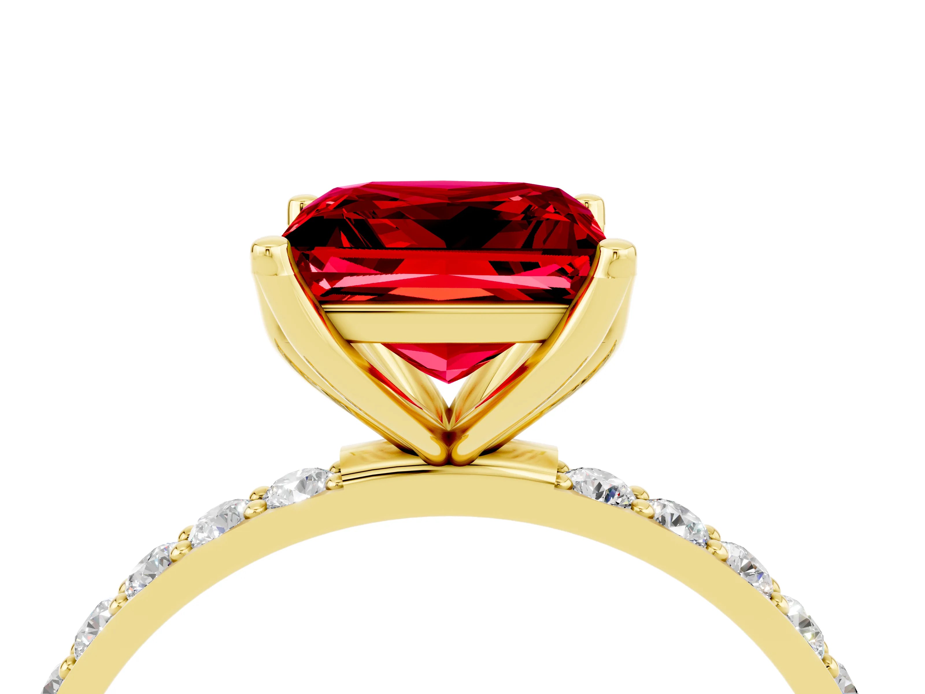 Yellow gold Princess Cut Ruby Solitaire Engagement Ring with Pavé Band and Prong Setting_4
