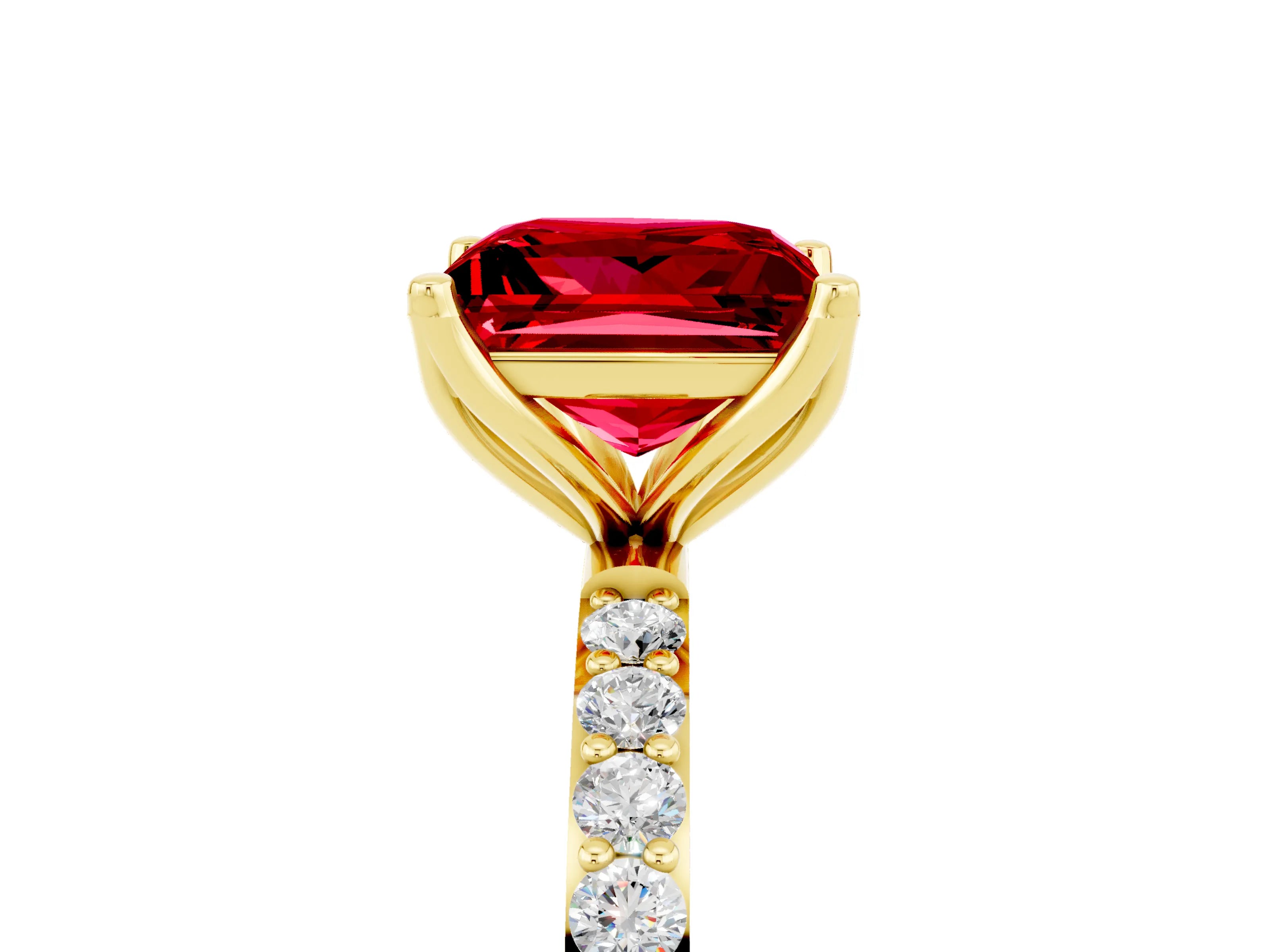 Yellow gold Princess Cut Ruby Solitaire Engagement Ring with Pavé Band and Prong Setting_5