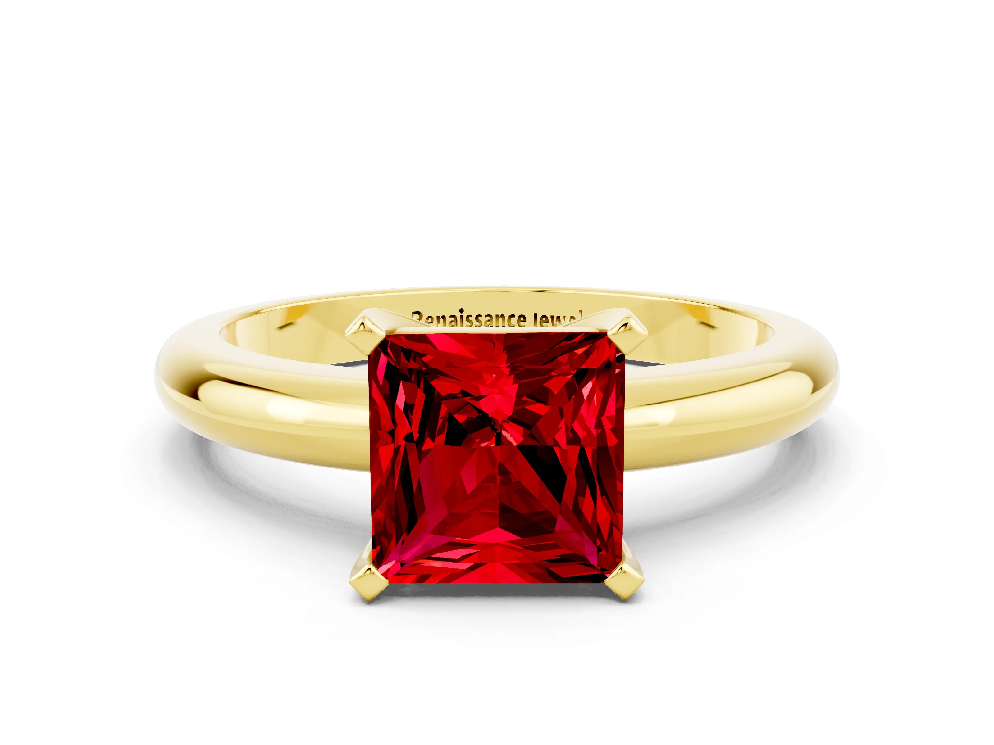Yellow gold Princess Cut Ruby Solitaire Engagement Ring with Round Band and Four-Prong Setting
