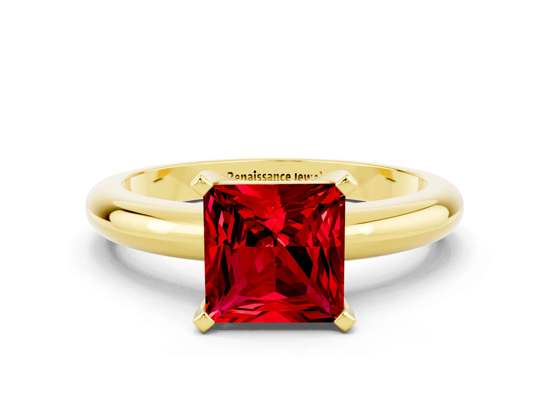 Yellow gold Princess Cut Ruby Solitaire Engagement Ring with Round Band and Four-Prong Setting