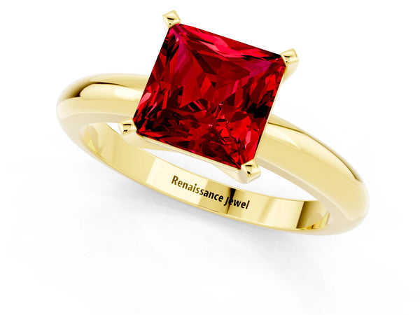 Yellow gold Princess Cut Ruby Solitaire Engagement Ring with Round Band and Four-Prong Setting