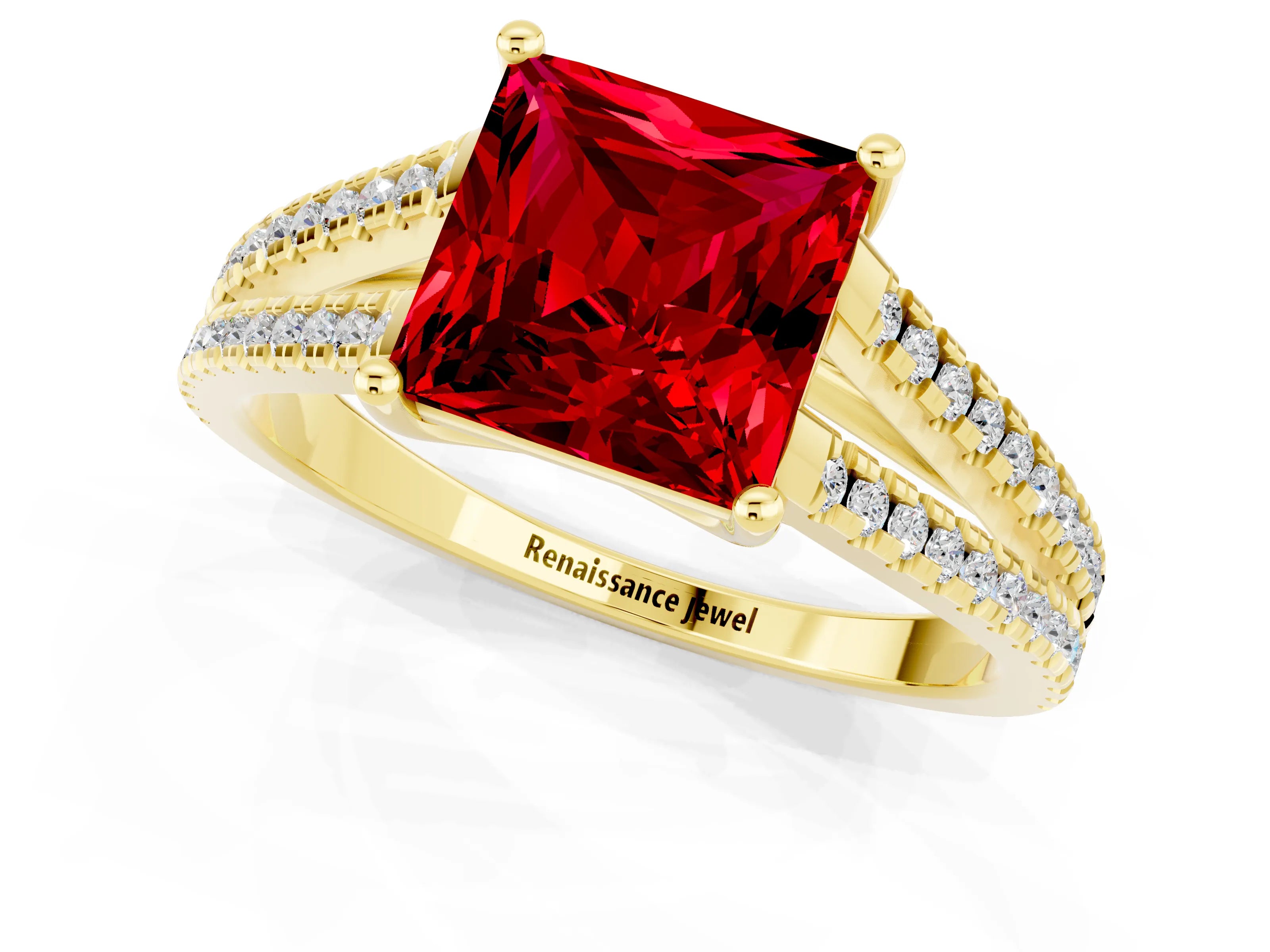 Yellow gold Princess Cut Ruby Solitaire Engagement Ring with Split Shank Pavé Band_1