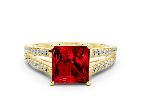 Yellow gold Princess Cut Ruby Solitaire Engagement Ring with Split Shank Pavé Band