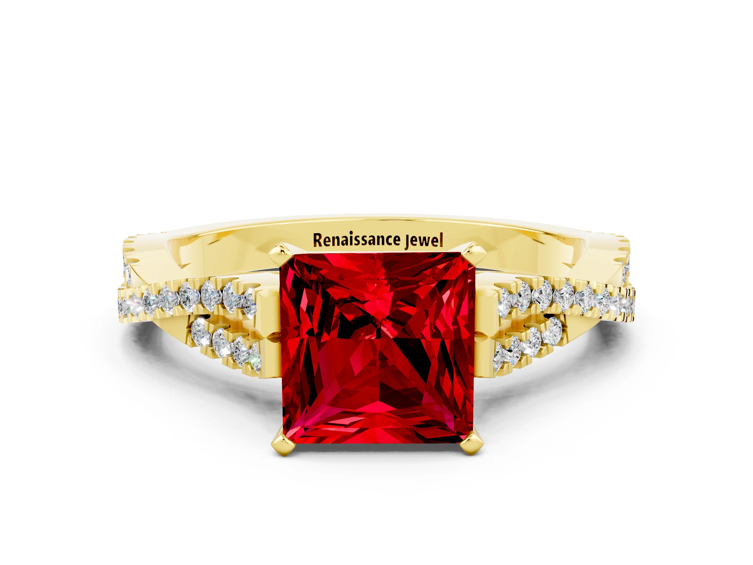 Yellow gold Princess Cut Ruby Solitaire Engagement Ring with Twisted Pavé Band and Four-Prong Setting_12