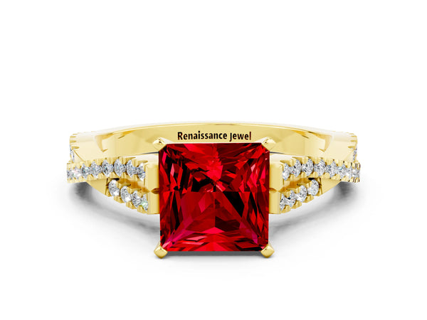 Yellow gold Princess Cut Ruby Solitaire Engagement Ring with Twisted Pavé Band and Four-Prong Setting