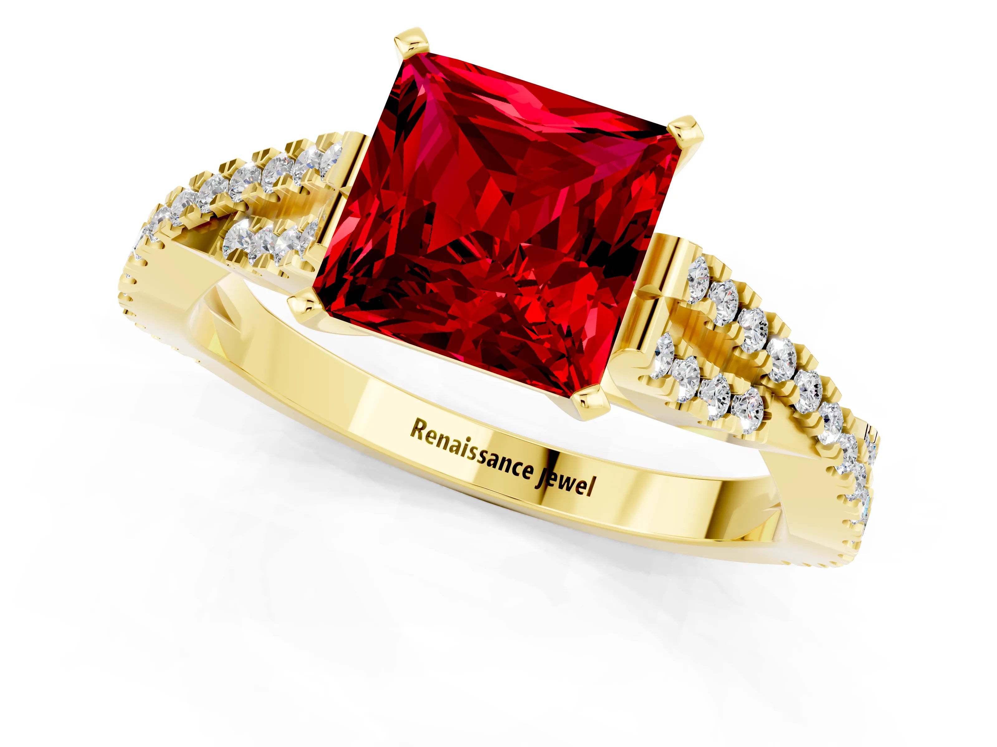 Yellow gold Princess Cut Ruby Solitaire Engagement Ring with Twisted Pavé Band and Four-Prong Setting_13