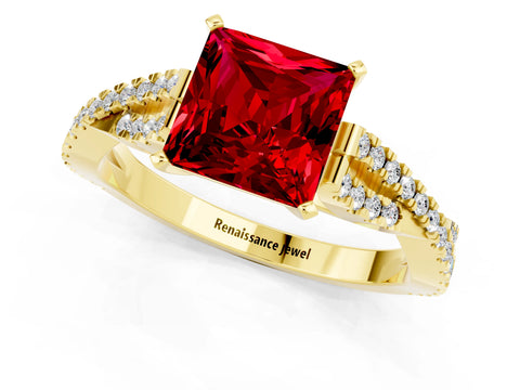 Yellow gold Princess Cut Ruby Solitaire Engagement Ring with Twisted Pavé Band and Four-Prong Setting_13