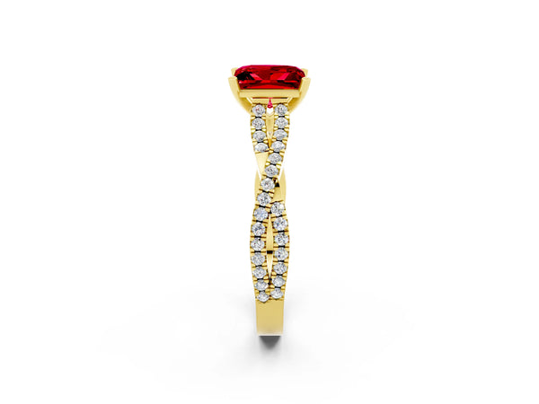 Yellow gold Princess Cut Ruby Solitaire Engagement Ring with Twisted Pavé Band and Four-Prong Setting