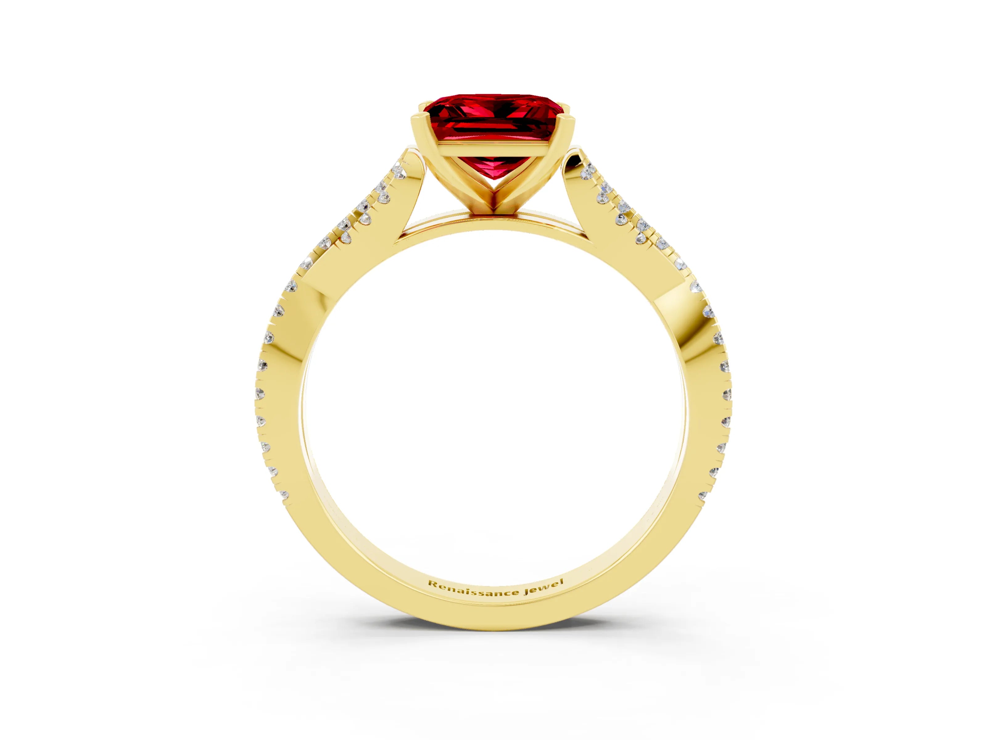 Yellow gold Princess Cut Ruby Solitaire Engagement Ring with Twisted Pavé Band and Four-Prong Setting_15