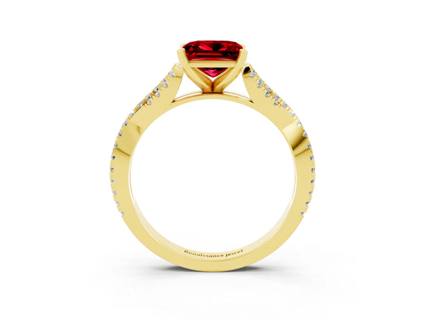 Yellow gold Princess Cut Ruby Solitaire Engagement Ring with Twisted Pavé Band and Four-Prong Setting