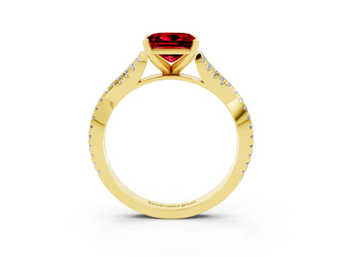 Yellow gold Princess Cut Ruby Solitaire Engagement Ring with Twisted Pavé Band and Four-Prong Setting_15