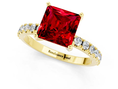 Yellow gold Princess Cut Ruby Solitaire Pavé Band with Four-Prong Setting_1