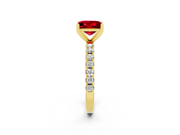 Yellow gold Princess Cut Ruby Solitaire Pavé Band with Four-Prong Setting