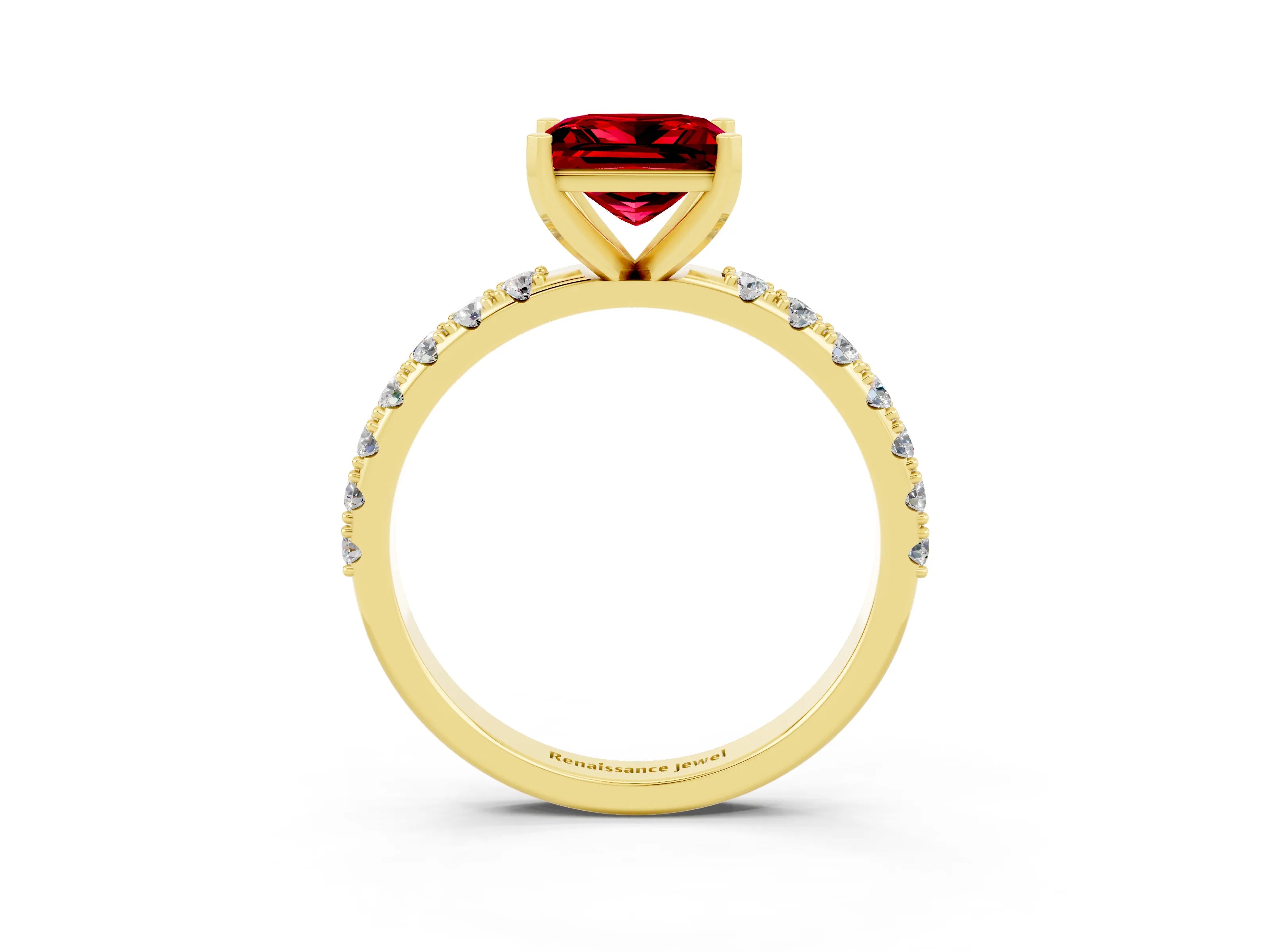 Yellow gold Princess Cut Ruby Solitaire Pavé Band with Four-Prong Setting_3