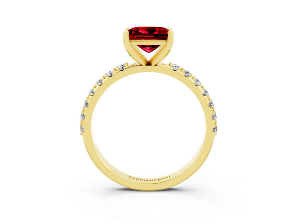 Yellow gold Princess Cut Ruby Solitaire Pavé Band with Four-Prong Setting