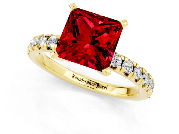 Yellow gold Princess Cut Ruby Solitaire Pavé Engagement Ring with Round Band and Prong Setting