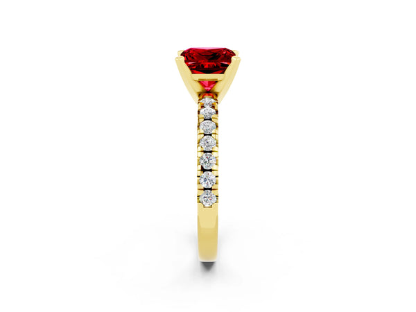 Yellow gold Princess Cut Ruby Solitaire Pavé Engagement Ring with Round Band and Prong Setting