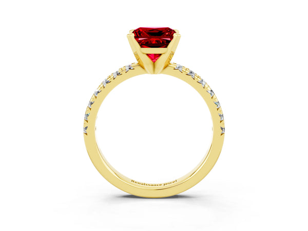 Yellow gold Princess Cut Ruby Solitaire Pavé Engagement Ring with Round Band and Prong Setting