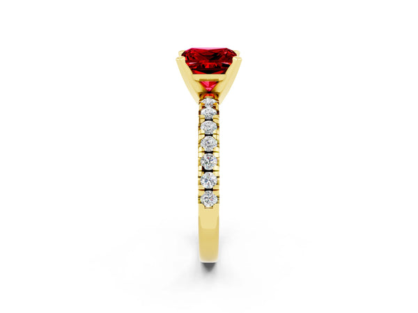 Yellow Gold Princess Cut Lab-Grown Ruby Solitaire Engagement Ring with Large Round Accent Band