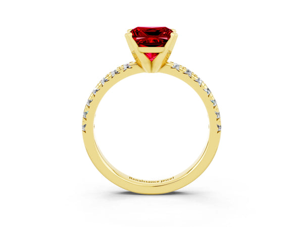 Yellow Gold Princess Cut Lab-Grown Ruby Solitaire Engagement Ring with Large Round Accent Band