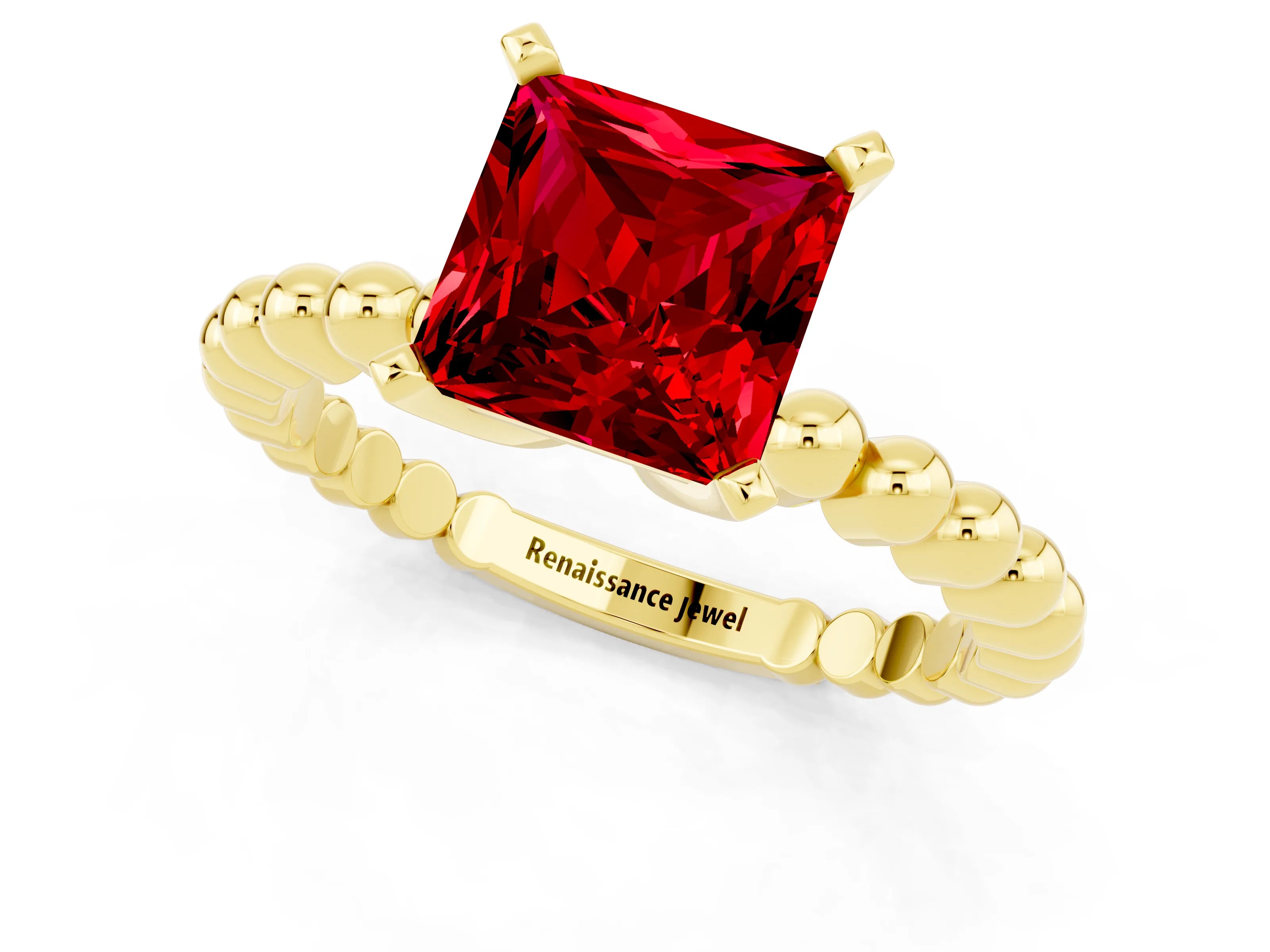 Yellow gold Princess Cut Ruby Solitaire Ring with Beaded Band and Prong Setting_1