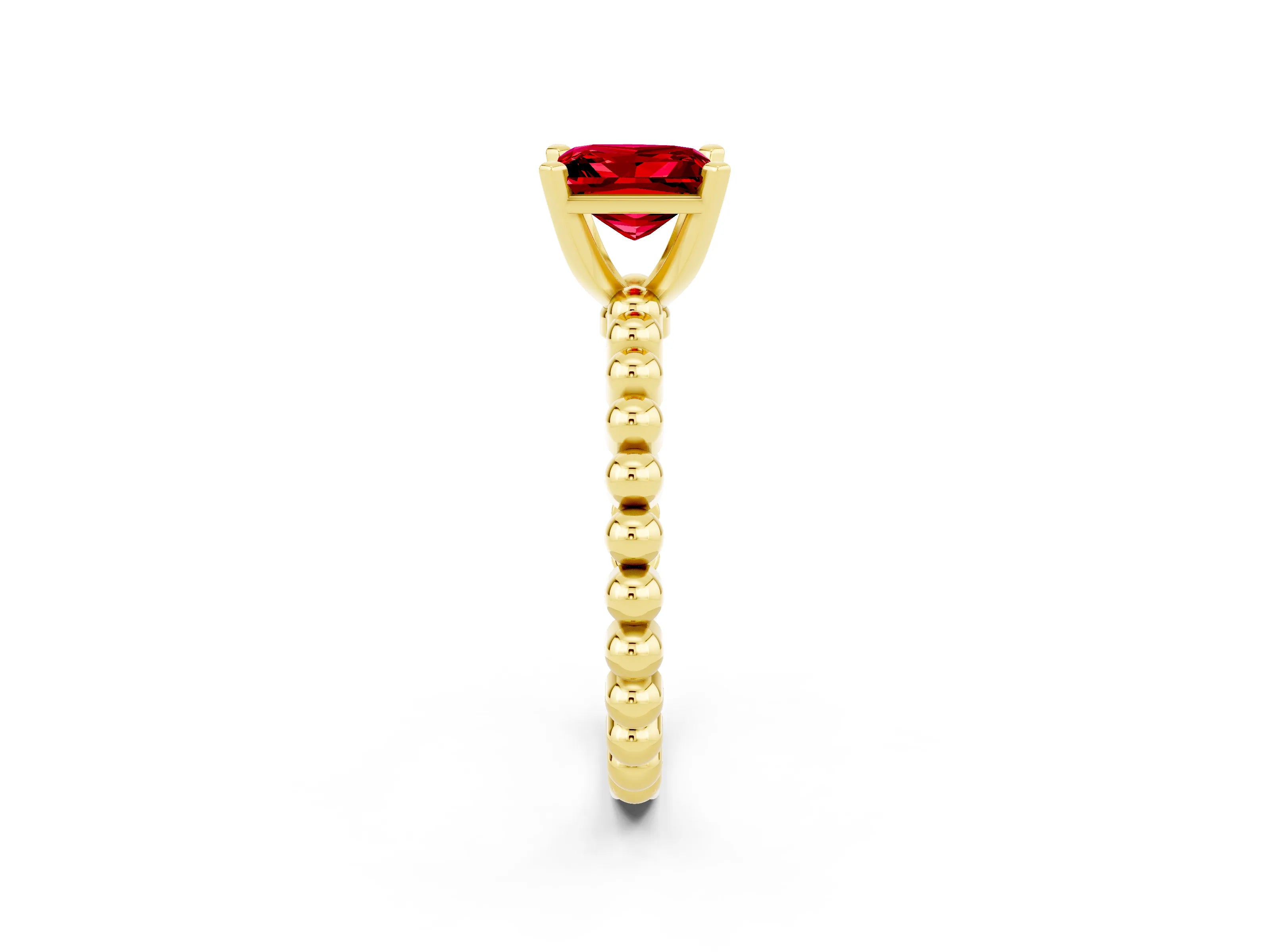 Yellow gold Princess Cut Ruby Solitaire Ring with Beaded Band and Prong Setting_2