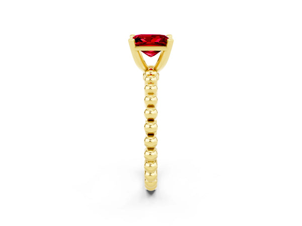 Yellow gold Princess Cut Ruby Solitaire Ring with Beaded Band and Prong Setting