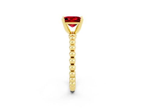 Yellow gold Princess Cut Ruby Solitaire Ring with Beaded Band and Prong Setting_2