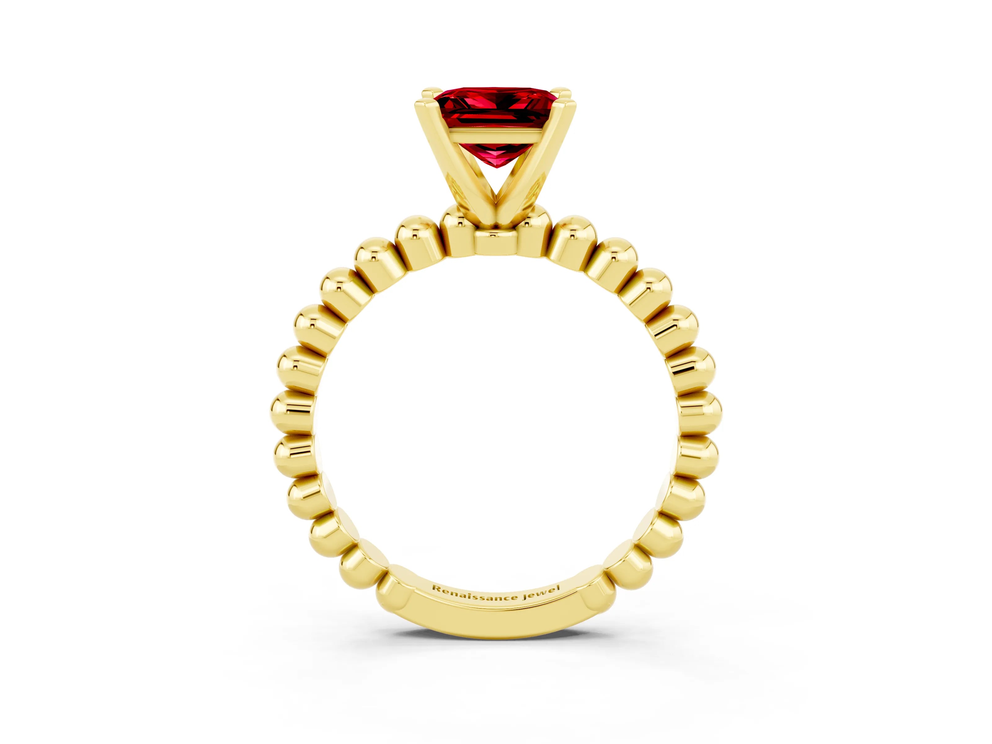Yellow gold Princess Cut Ruby Solitaire Ring with Beaded Band and Prong Setting_3