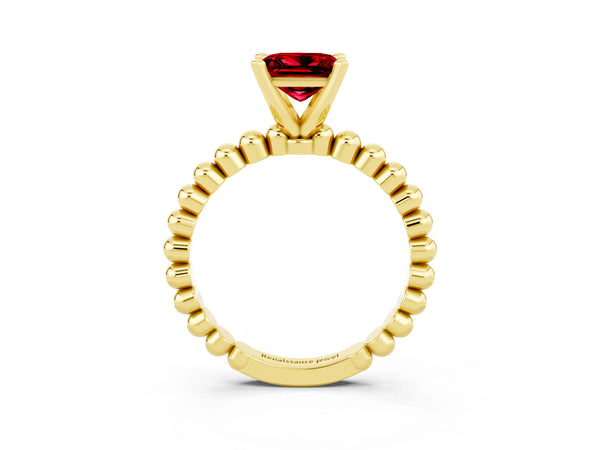 Yellow gold Princess Cut Ruby Solitaire Ring with Beaded Band and Prong Setting