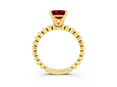 Yellow gold Princess Cut Ruby Solitaire Ring with Beaded Band and Prong Setting_3