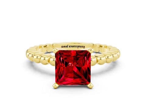 Yellow gold Princess Cut Ruby Solitaire Ring with Beaded Band and Prong Setting