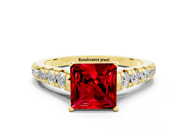 Yellow gold Princess Cut Ruby Cathedral Solitaire Ring with Round  Pavé Band