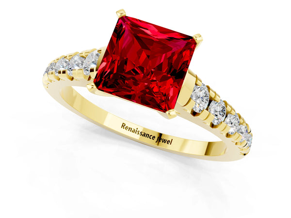 Yellow gold Princess Cut Ruby Cathedral Solitaire Ring with Round  Pavé Band