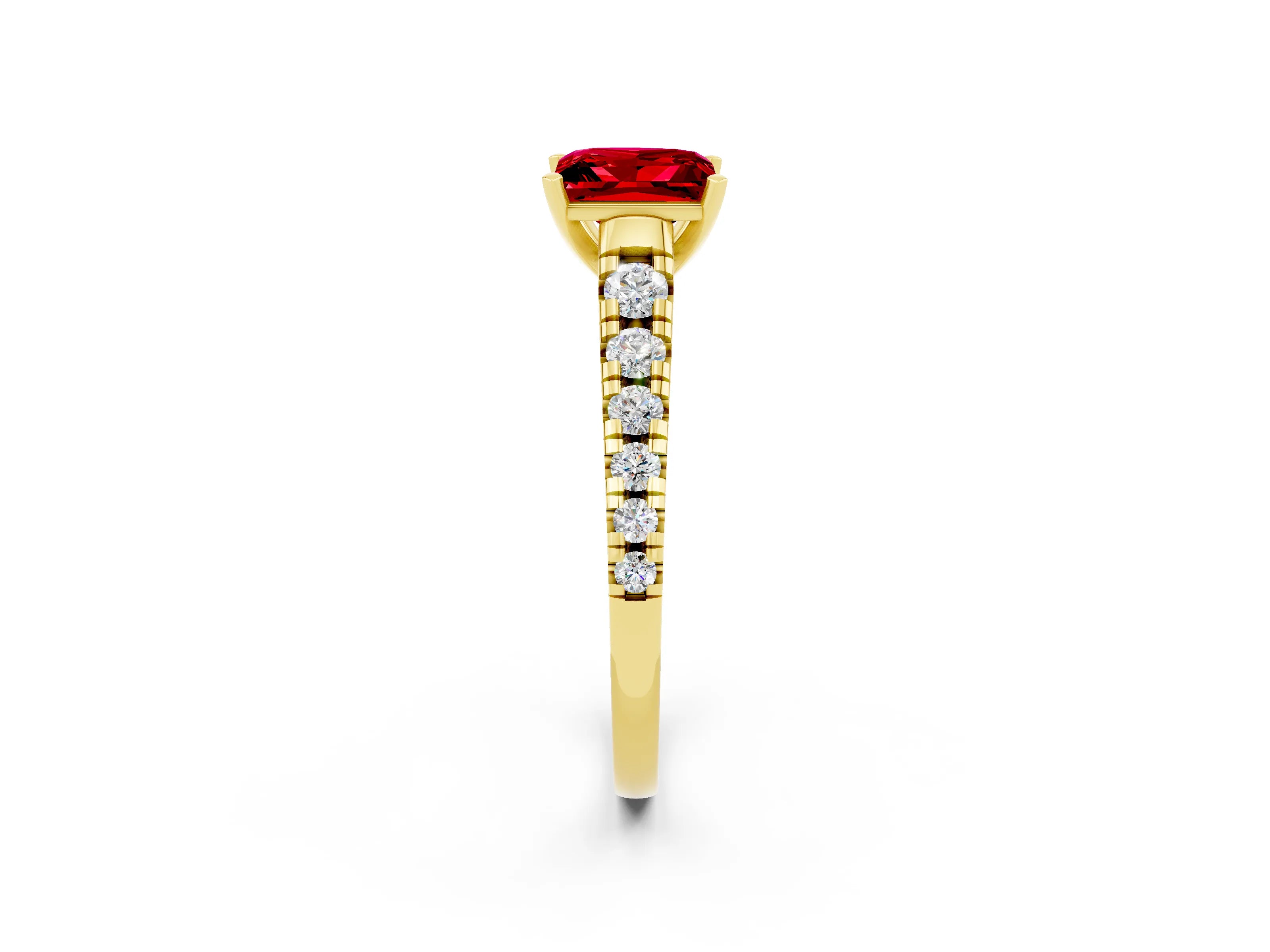 Yellow gold Princess Cut Ruby Solitaire Ring with Cathedral Setting and Pavé Band_2