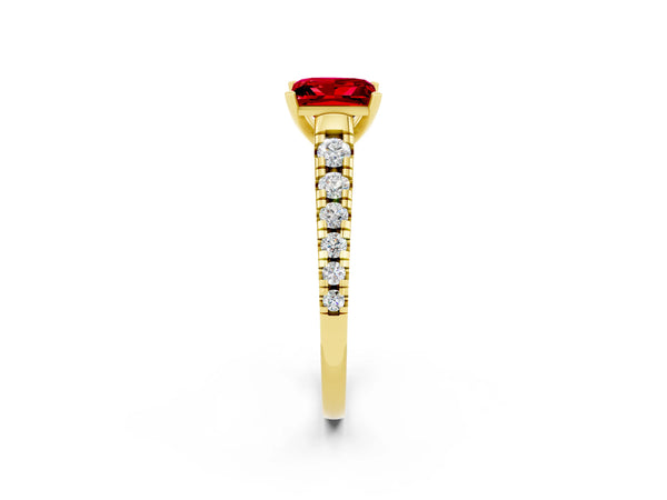 Yellow gold Princess Cut Ruby Cathedral Solitaire Ring with Round  Pavé Band