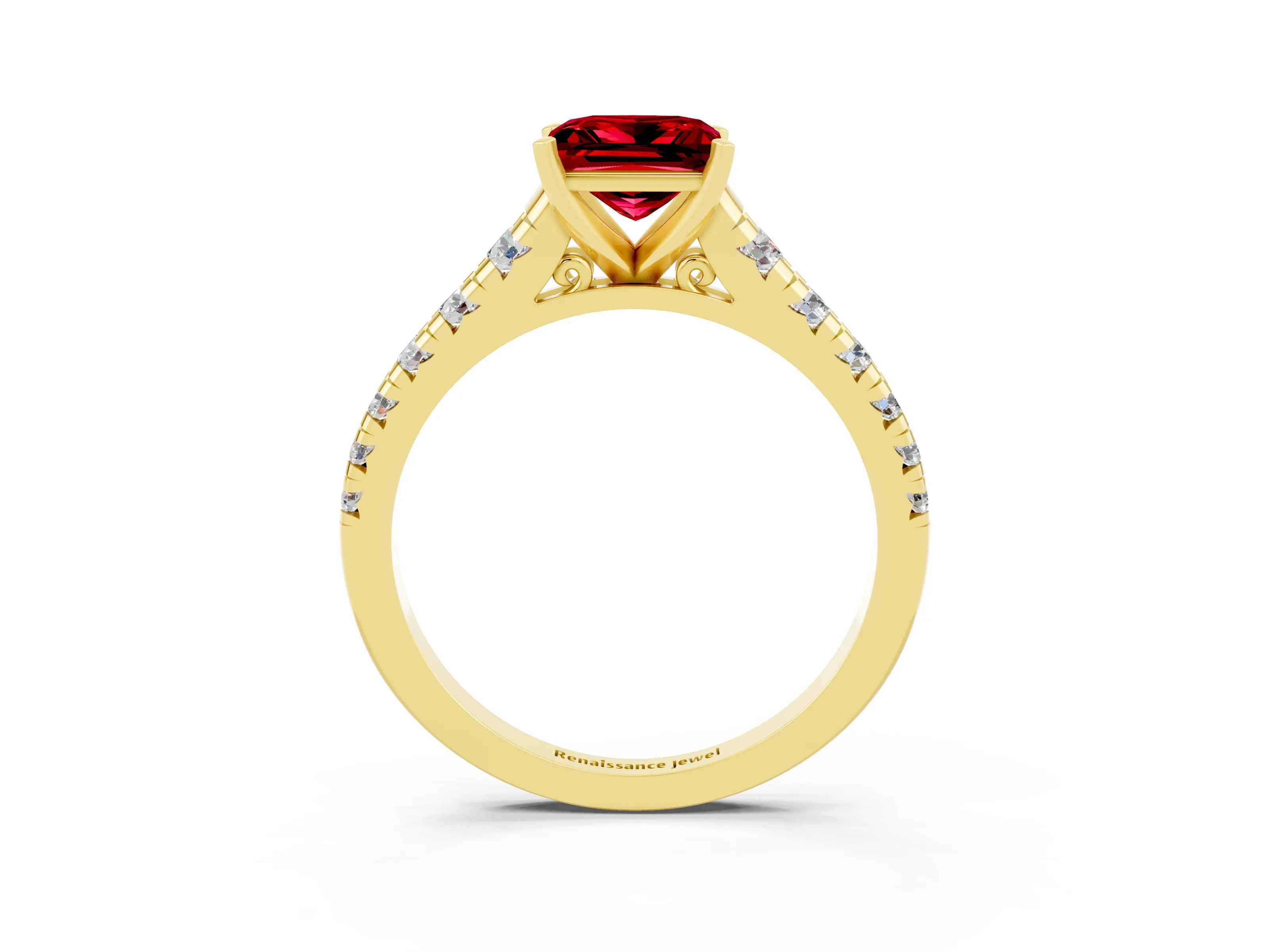 Yellow gold Princess Cut Ruby Solitaire Ring with Cathedral Setting and Pavé Band_3
