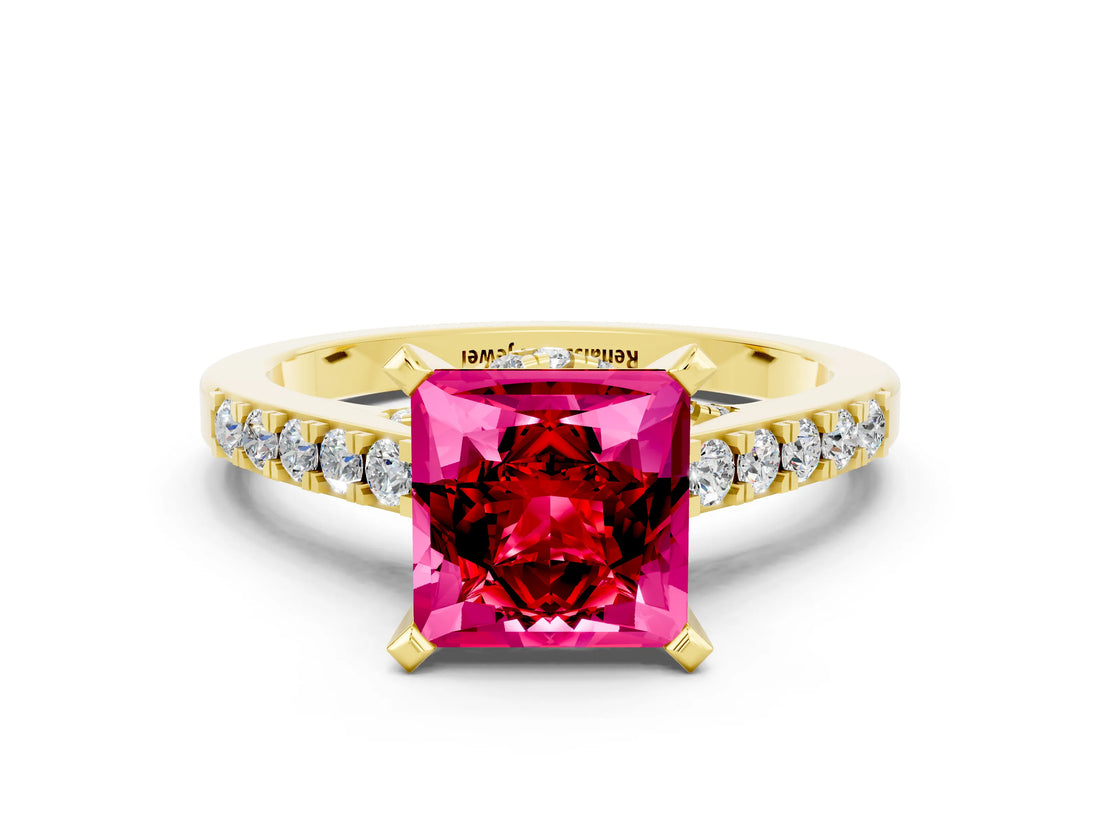 Yellow gold Princess Cut Ruby Solitaire Ring with Crossover Gallery and Round  Pavé Band_12