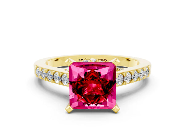 Yellow gold Princess Cut Ruby Solitaire Ring with Crossover Gallery and Round  Pavé Band