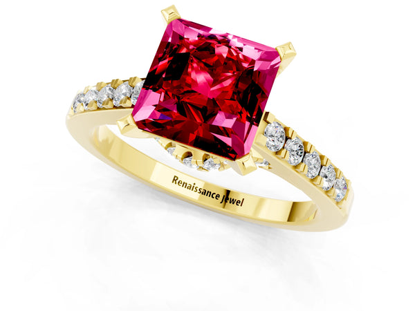 Yellow gold Princess Cut Ruby Solitaire Ring with Crossover Gallery and Round  Pavé Band