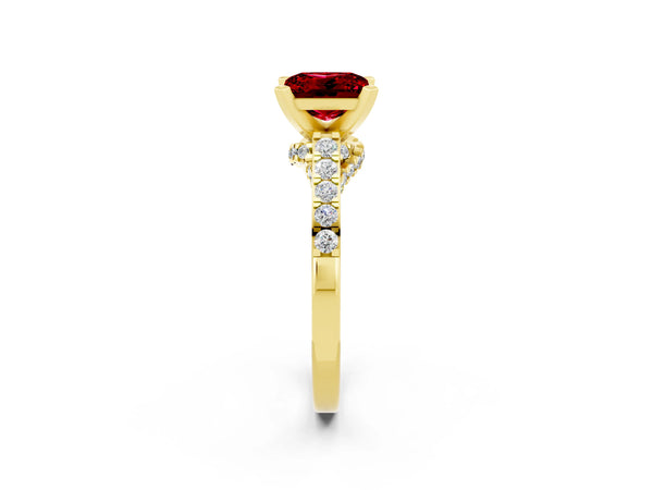 Yellow gold Princess Cut Ruby Solitaire Ring with Crossover Gallery and Round  Pavé Band