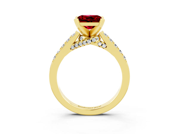 Yellow gold Princess Cut Ruby Solitaire Ring with Crossover Gallery and Round  Pavé Band