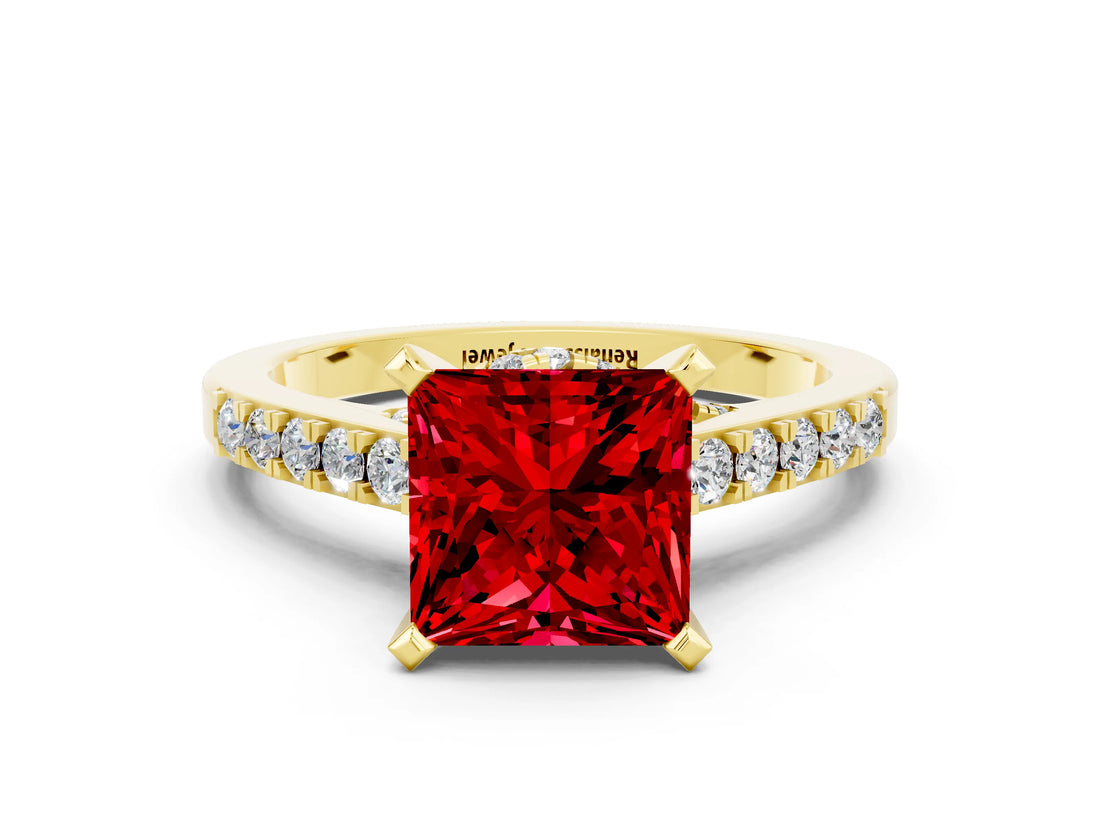 Yellow gold Princess Cut Ruby Solitaire Ring with Crossover Gallery and Round  Pavé Band_36