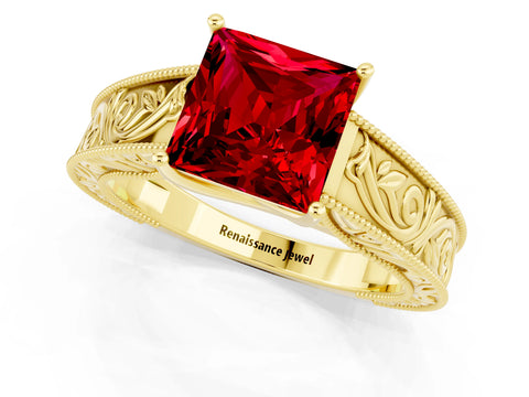 Yellow gold Princess Cut Ruby Solitaire Ring with Engraved Band and Four-Prong Setting_1