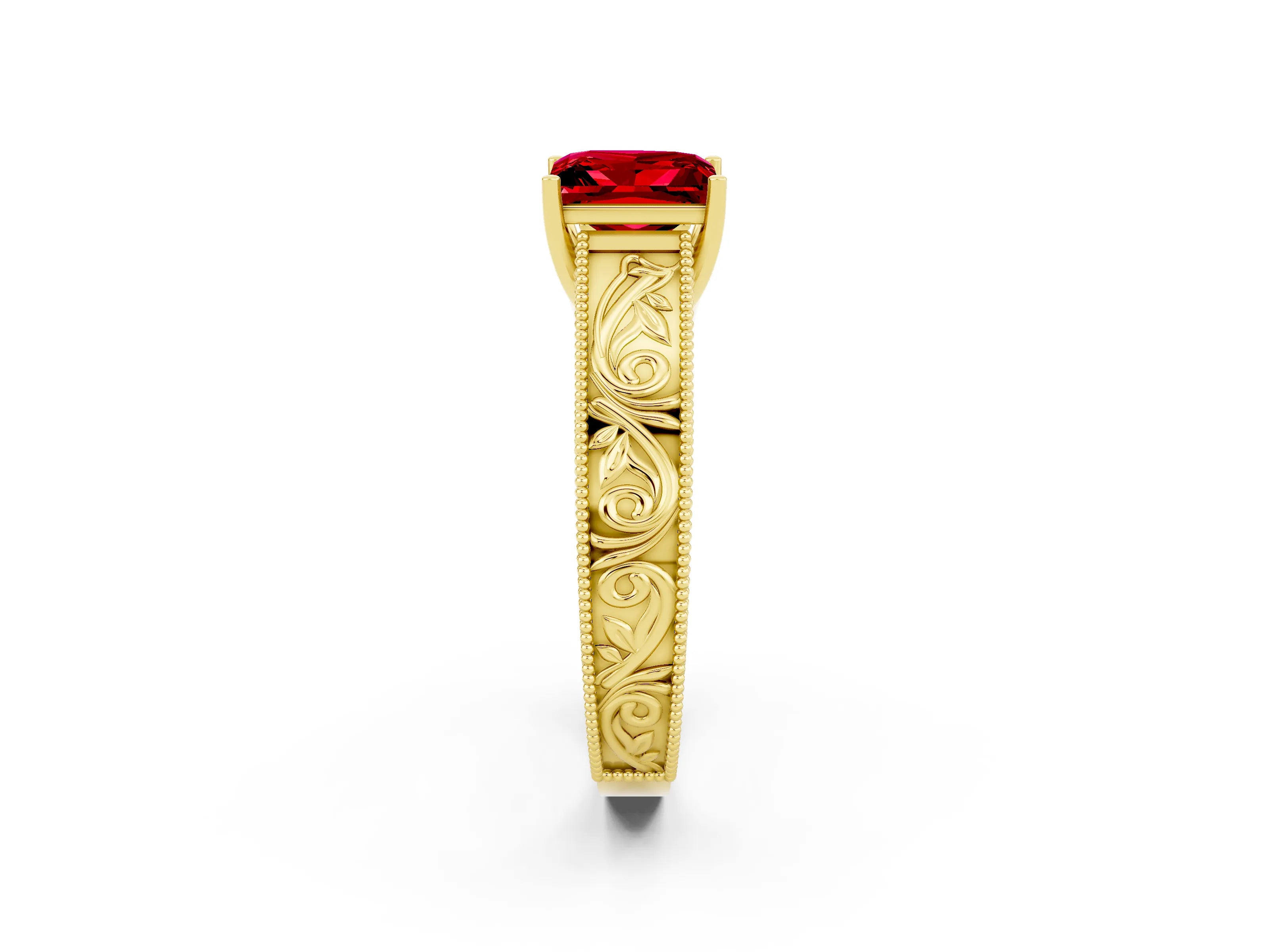 Yellow gold Princess Cut Ruby Solitaire Ring with Engraved Band and Four-Prong Setting_2