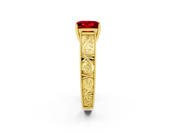 Yellow gold Princess Cut Ruby Solitaire Ring with Engraved Band and Four-Prong Setting