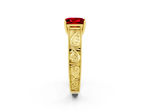 Yellow gold Princess Cut Ruby Solitaire Ring with Engraved Band and Four-Prong Setting_2